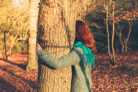 34185649 a young woman is hugging a tree at sunset in the forest
